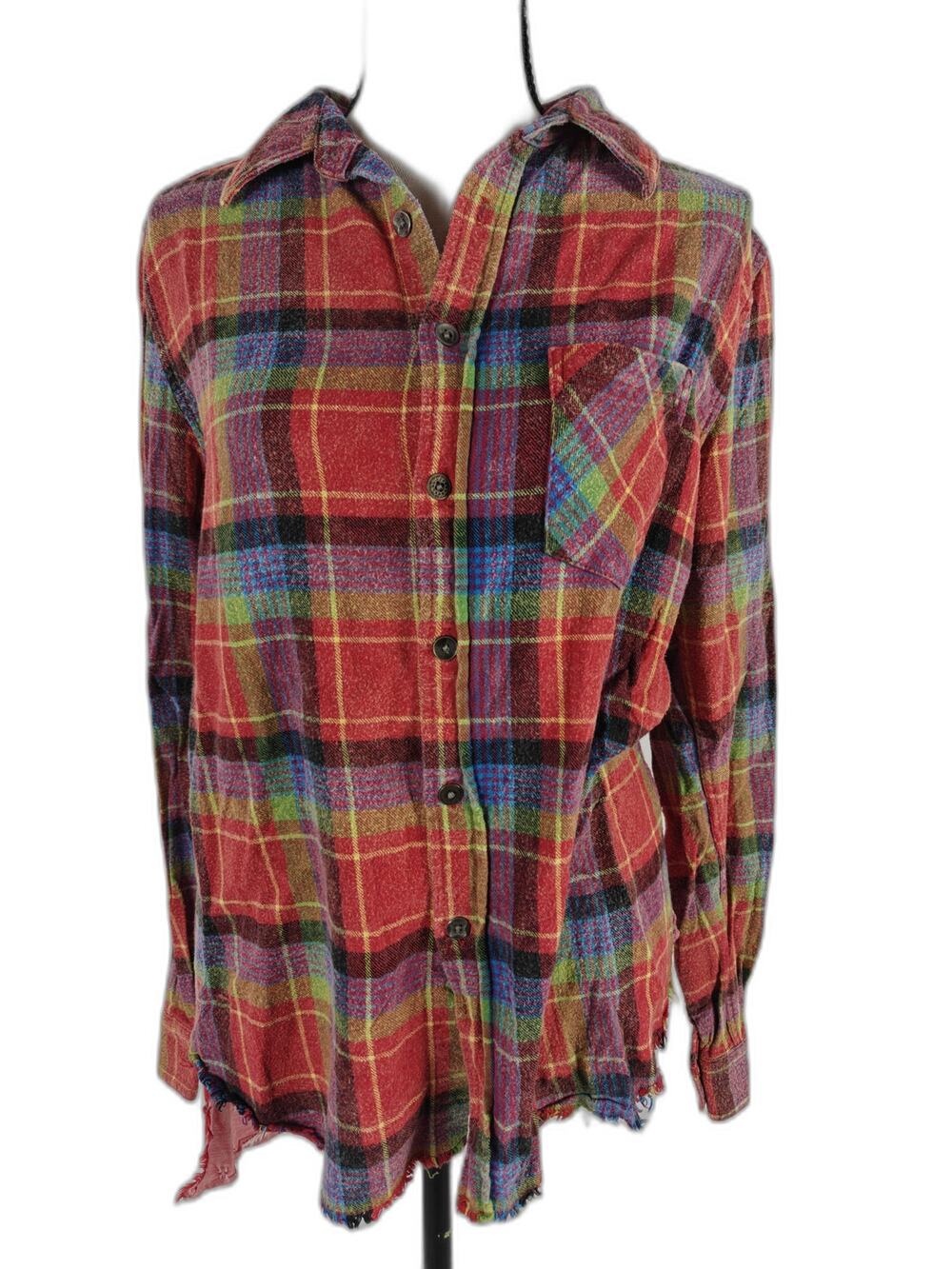 Women's ADL Distressed Plaid Button Front Flannel Shirt Red Multicolor Size L
